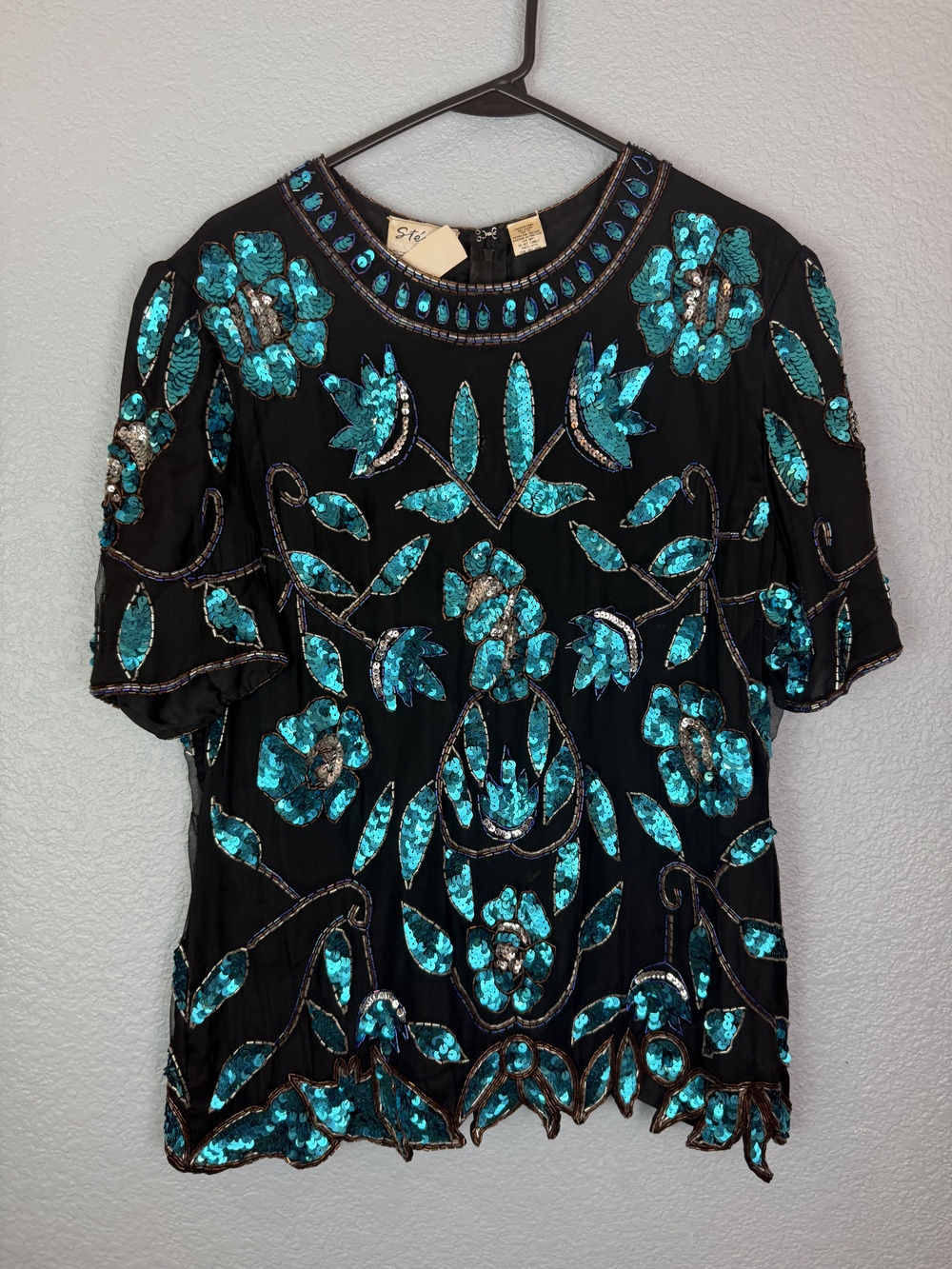 Vintage Stenay Silk Shirt Womens 12 Sequin Beaded Floral Party Top 90s